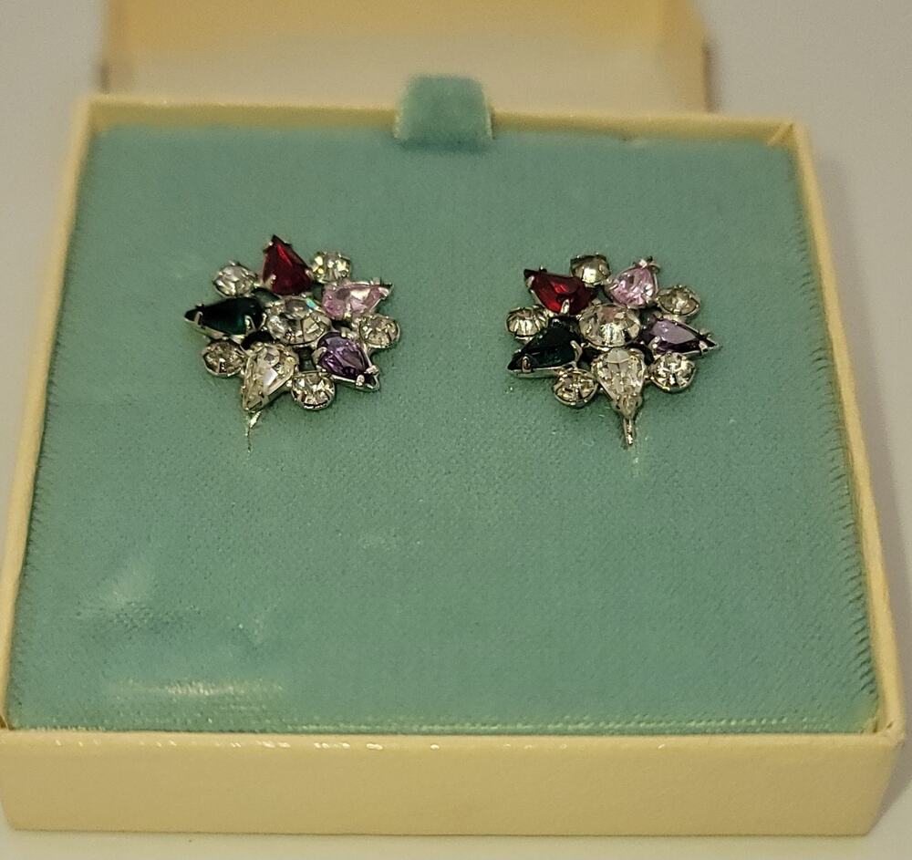 Vintage B David Screw-back Earrings Silver-tone Multi-colored Faceted Crystal